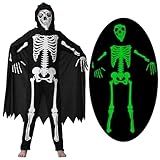 Bloremed Kids Skeleton Costume Glow in the Dark Skeletons Halloween Jumpsuit with Cloak for Boys and Girls (Skeleton-Kids, Medium(7-9 Years))
