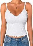 EVALESS Built in Bra Tank Tops for Women Sequin Sleeveless Shirts,White,M