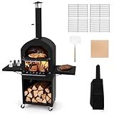 HAPPYGRILL Outdoor Wood Fired Pizza Oven w/Firewood Storage, Side Shelves, Patio Pizza Maker wi/Pizza Stone & Peel, 2 Cooking Grills & Thermometer, Portable Pizza Stove for Backyard Party Camping