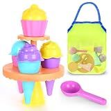 SupMLC Beach Toys Ice Cream Sand Toys - Toddlers Beach Essentials for Kids Girls Boys, Sand Molds, Shovels with Collapsible Mesh Bag, Travel Sand Box Toys for Beach, Party, Bath Toys Pretend Play