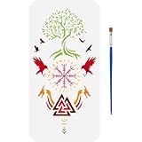 FINGERINSPIRE Viking Tree of Life Stencils 5.9x11.8Inch Viking Themes Stencils with a Paint Brush Raven Helm of Awe Painting Stencils Creative Viking Patterns Stencil for Wall Fabric DIY Crafts