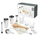 Viski Bartender Kit and Barware Set Includes Boston Cocktail Shakers, Mixing Glass, Jigger, Muddler, Strainer, Bar Spoon, Whiskey Glasses, Ice Bag, Mallet, and Cocktail Picks, Home Bar Gifts, 17-Piece