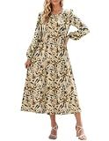 Zeagoo Womens Fall Dresses 2026 Long Sleeve Midi Fall Dresses Casual A Line Dress Floral Tunic Dress with Pockets, Khaki Floral L