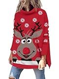 LILLUSORY Ugly Christmas Sweater Women Funny Mock Turtleneck Oversized Knit Pullover 2026 Tunic Tops Wear with Leggings XmasDeer S