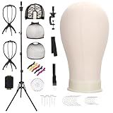 Demides 22'' Canvas Wig Head with 61'' Adjustable Tripod Stand, Mannequin Head Set for Styling, Display – Includes Caps, Elastic Bands, Stand & Tool Kit for Beginners and Professionals