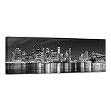 Wieco Art New York Manhattan Night View in Black and White Giclee Canvas Prints Modern Stretched and Framed Art work Cityscape Pictures Paintings on Canvas Wall Art for Bedroom Home Decorations