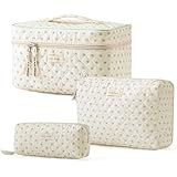 HBselect Quilted Makeup Bag, 3Pcs Cotton Large Travel Makeup Bags Organizer