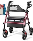 HOMLAND Foldable Rollator Walkers with Seat for Seniors, 8'' Big Wheels, 350 lb. Weight Capacity, Adjustable Handles and Seat Height, Lightweight Rolling Walker, Red