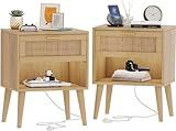 Irontar 17.7''L Nightstand Set of 2, Bedroom Night Stand with Charging Station & Rattan Drawer, Boho Style Bed Side Tables with Solid Legs, Accent End Table with Open Storage, Natural BZZ007ME02