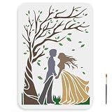 MAYJOYDIY Lover Promise Under The Tree Stencil 11.7×8.3inch Large Bride and Groom Tree Stencil Reusable Couple Love Drawing Template with Paint Brush for DIY Art Crafts Canvas Furniture