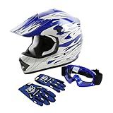 XFMT DOT Youth Kids Dirt Bike Helmet Full Face Motocross Helmets for Off-Road ATV Street Bike Four Wheeler Motorcycle with Goggles & Gloves, Blue Flame Small