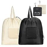 GOGOODA Travel Laundry Bags with Drawstring Closure XL Large Foldable Dirty Clothes bags with Handle Heavy Duty and Washable for College Dorm Travelling Camping, 2 Pack, Black & Beige
