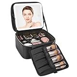 Relavel Travel Makeup Bag With LED Mirror, Cosmetic Train Case with Light up Mirror, Portable Makeup Artist Organizer Bag with Adjustable Dividers, Makeup Brush Holder Storage, Black
