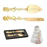 HICUSX Personalized Wedding Cake Knife and Server Set, Custom Name/Date Cake Cutting Set for Wedding, Customized Cake Cutter for Bridal Anniversary Birthday Couple Gifts (Rose-Gold)