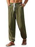 Runcati Mens Casual Pants Elastic Waist Drawstring Summer Cotton Jogger Pants Linen Yoga Beach Trousers with Pockets Army Green