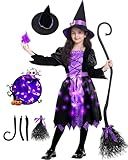 Poshetion Light Up Halloween Girls Witch Costume, Toddler Witch Dress Set with Hat and Broom, Kids Costumes for Halloween Themed Role-Play Party (Small)，Black
