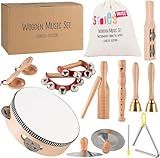Stoie's Wooden Toddler Musical Instruments with Drum, Flute, Hand Bells, Cymbals, Castanets, Triangle, for Babies and Toddlers, Eco Friendly Montessori Educational Toy
