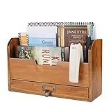 Flexzion 3 Tier Wooden Desk Organizer - Country Rustic Compartments Slot File Tray Pencil Sorter Shelf Holder Supplies Rack Accessories Set with Storage Drawer for Desktop Tabletop Office Home Brown