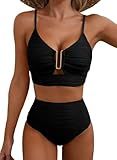 Herseas Women Two Pieces Textured Ruched Bikini Set Push Up V-Wired Cutout 2026 High Waisted Spaghetti Straps Flattering Swim Suit Sexy Classic Pool Party Essentials Black Small
