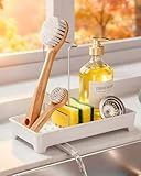 Caumic Minimalist Sink Caddy, Rustproof Sponge Holder for Kitchen Sink with 304 Stainless-Steel Brush Holder, Countertop Rack Organizer with Raised Ridges & Silicone Drain Tube (Cream White)