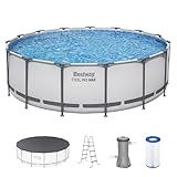 Bestway Steel Pro MAX 15' x 48" Above Ground Pool, Round Metal Frame Outdoor Swimming Pool Set with Filter Pump, Ladder, and Cover, Gray