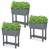 Aoodor 30'' × 14'' × 29'' Elevated Raised Planter Box with Legs, Storage Space, Plastic Drainage Plug & Water Level Indicator for Vegetables Flowers Herbs Outdoor, Gray, Set of 3