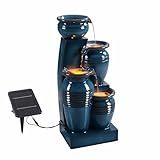 Teamson Home 28.74 in. 4-Tier Cascading Bowl Solar-Powered Water Fountain with LED Lights for Gardens, Landscaping, Patios, Balconies, Lawns, Blue