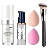 5PCS TLM Colour Changing Foundation Makeup Set Matte Liquid Full Coverage Oil Control Breathable Invisible Cover Concealer Foundation with Face Primer, Foundation Brush, Makeup Sponge