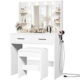Furmax Make up Vanity Desk with Mirror and Power Outlet, Vanity with 3 Color Light Options Adjustable Brightness,Vanity Desk with 2 Drawers, 6 Storage Shelves (White, with Bench)