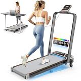Walking Pad Treadmill with 15% Incline/Handle Bar/2 Screen Display, 3.5HP Foldable Walking Pad Treadmill, Portable Treadmills for Home with 4 Adjustable Incline, 350+lb Capacity, Smart App, RGB Light