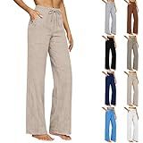 Linen Pants for Women Summer Straight Leg Flowy Beach Pants with Drawstring Casual Gauze Plus Size Clothing Lightweight Loose Fit Trousers 2026 Resort Wear Teacher Outfits Spring Break Clothes Beige