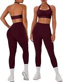 TDIFFUN Women Workout Sets 2 Piece Seamless Scrunch Butt Leggings Padded Halter Sports Bra Matching Set Gym Yoga Outfits (Plum, Small)