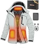 Women Puffer Graphene Heated Jacket Battery Pack Charger Ladies Electric Warming Coat USB Ski Heating Apparel Clothes Rain Snowboard Puffer Snow Insulated Softshell Warm Outerwear Suit Grey White