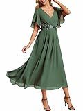 Ever-Pretty Women's V Neck Chiffon Formal Wedding Guest Dress Applique A-Line Maxi Mother of Bride Dresses Eucalyptus US12