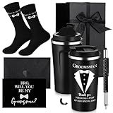 Nuanchu 6 Pcs Groomsmen Officiant Gifts Wedding Proposal Gift for Best Man Groomsman 17 Oz Coffee Cup Tumbler Socks Multi Tool Ballpoint Pen with Greeting Card Envelope(Black)