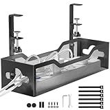 Under Desk Cable Management Tray No Drill, Metal Mesh Cable Management Under Desk with Clamp Mount, 2 Hole Cable Tray with Wire Management and Cord Organizer for Home Office Standing Desk
