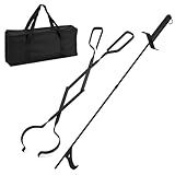 Heavy Duty Fireplace Fire Pit Campfire Bonfire Fire Tong and 32 inch Long Fire Poker Set with Traveling bag, firewood Grabber Tool for Wood-Burning for Solo Firepit Indoor and Outdoor use