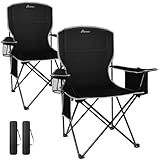 Romswi Lightweight 2Pcs Camping Chairs for Adults 400LBS Capacity, Folding Lawn Chair with 4-Can Cooler Bag, Cup Holder,Collapsible Portable Outdoor Chair for Tailgating, Beach, Fishing,Black