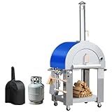 KOSTCH 32.5 inch Wood Fired and Propane Gas Pizza Oven for Outdoor Kitchen in Stainless Steel, Large Pizza Oven for Outside, Yard and Party (Blue with Cover)