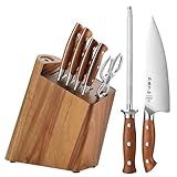 HEZHEN 8 PCS Kitchen Knife Block Set, German DIN 1.4116 Steel Knife Set with Block and Sharpener,Kitchen Shear, Ultra Sharp Blade,Red Wood Handle, Gift Packing