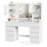 SONGMICS HOME Vanity Desk with Mirror and Lights, Makeup Vanity Table with Power Outlets, 9 Drawers Storage Dressing Table for Bedroom, White