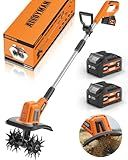 Alloyman 20V Cordless Tiller Cultivator, 360RPM Electric Garden Tiller, with 2 * 4.0Ah Batteries & Charger, 9In Tilling Width and 6.6In Depth Garden Rototiller for Lawn/Gardening/Soil Cultivation