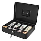 Flexzion Cash Box with Money Tray and Lock - Metal Cash Box for Small Businesses, 9-Compartment Black Money Box with Removable Tray and Key, Portable Storage for Checks and Coins