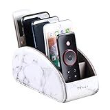 All-in-One Leather White TV Remote Holder with 5 Compartments Nightstand Desktop Media Player Remote Caddy Storage Box Organizer Tray for Mobile Phone Office Stationery