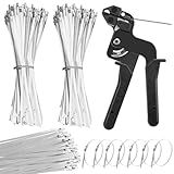 HEYTIMI Heavy Duty Stainless Steel Cable Tie Gun Kit with 200PCS 11.8 Inch Self-Locking Metal Zip Ties, Adjustable Tension Cutting Tool for Garden Fence Repair, Automotive & Outdoor Projects (11.8'')