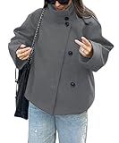 CHARTOU Women Crop Pea Coat Wool Blend Winter Loose Casual Short Jacket Outwear (Large, Grey)