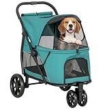 PawHut 3 Wheel Pet Stroller, Dog Stroller Dual Entry, Easy One-Click Quick Fold, All-Terrain Wagon Cart with Mesh Window, Washable Cushion, for Small and Medium Dogs and Cats Up to 44 lbs, Dark Green
