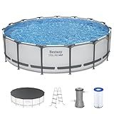 Bestway Steel Pro MAX 15' x 42" Above Ground Pool, Round Metal Frame Outdoor Swimming Pool Set with Filter Pump, Ladder, and Cover, Gray