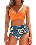 Yonique Women's Two Piece High Waisted Bikini Set Tummy Control Swimsuit Full Coverage Bathing Suit Orange Flowers L