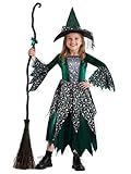 ROC PARTY Wicked Witch Costume for Girls - Halloween Dress with Hat, Child Witches Outfit for Cosplay, Dress-Up & Party (Green Wicked-Witch, 7-8 Years)